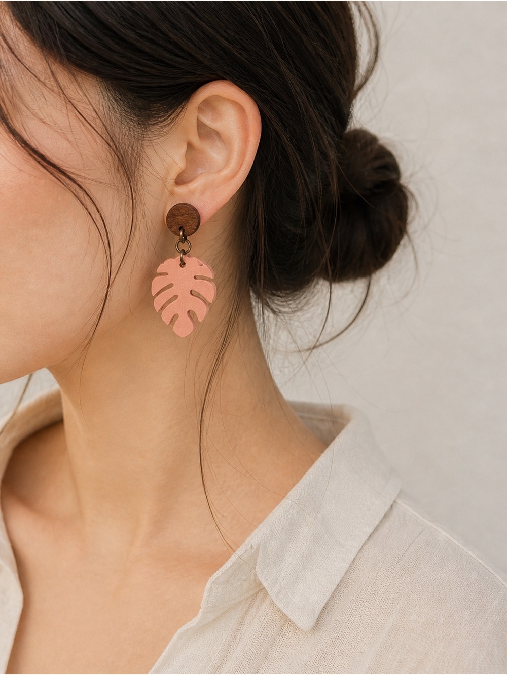 Hand Crafted Pink Monstera Leaf Drop Earrings with Wood Accent